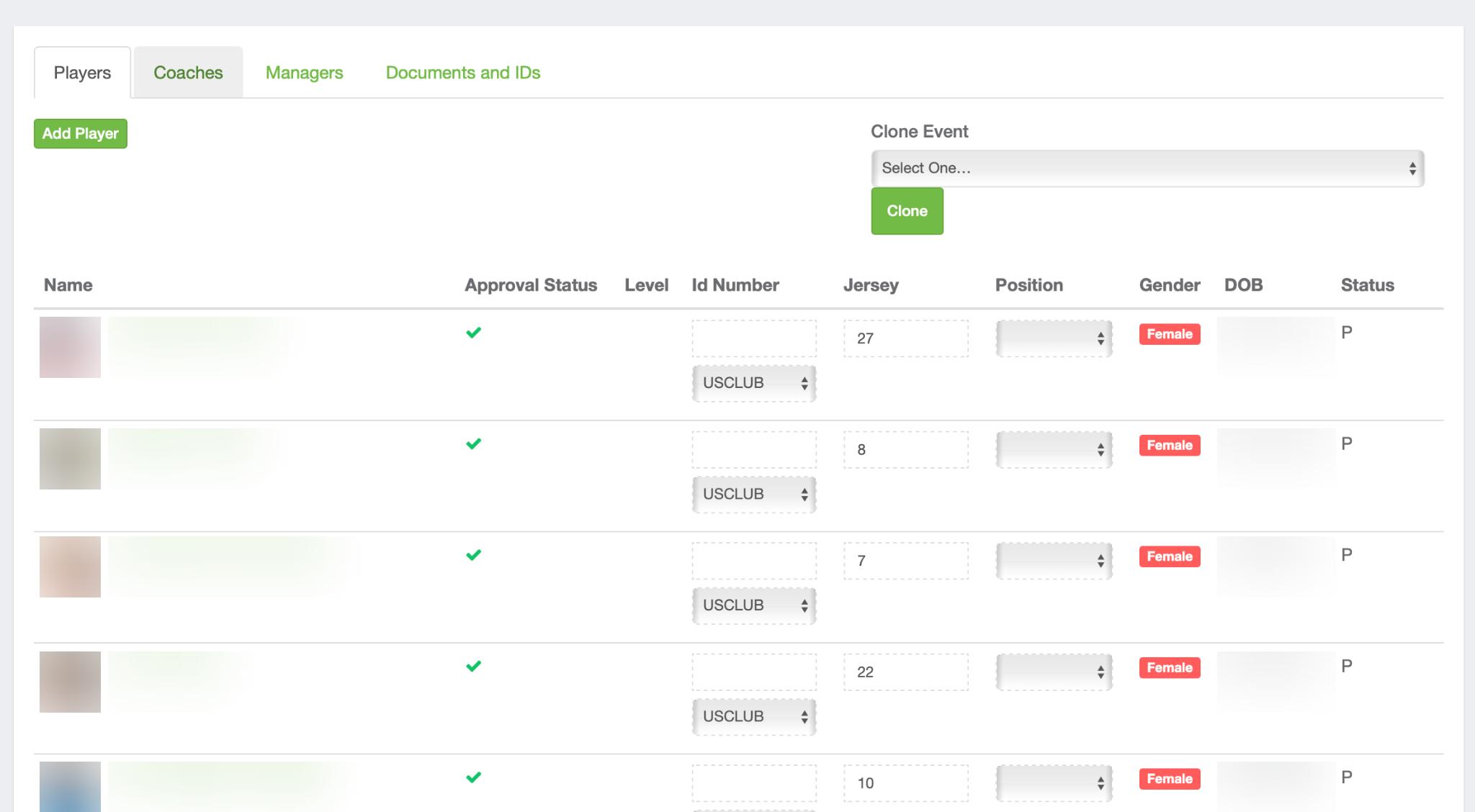 Review the players populated on your event roster.