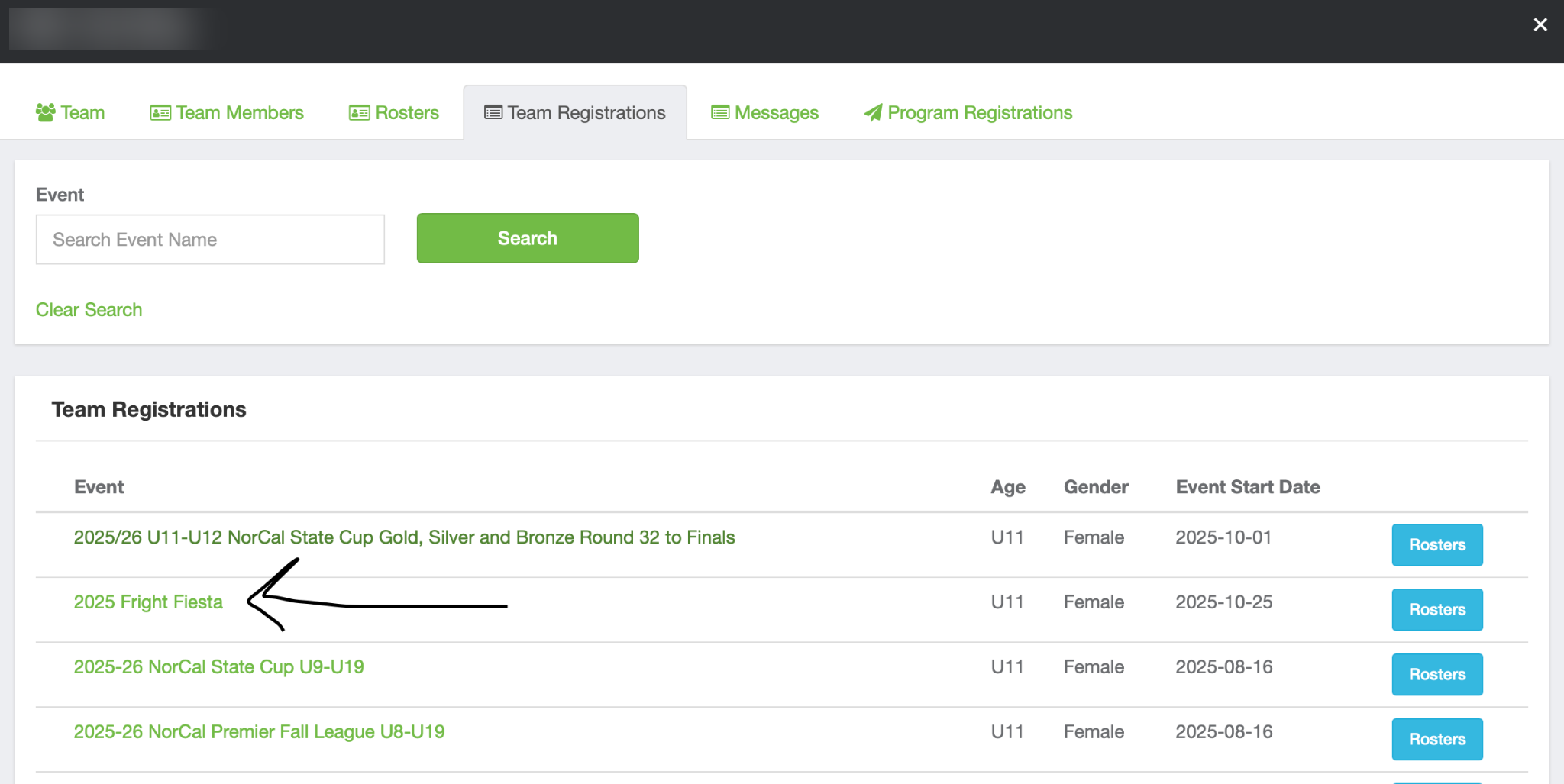 Click the tournament name to open your event registration.
