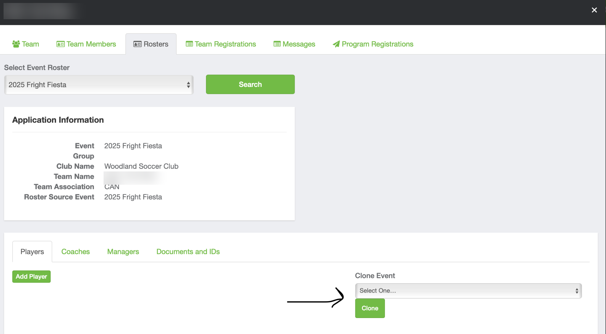 Select the source event and use Clone to copy the roster.