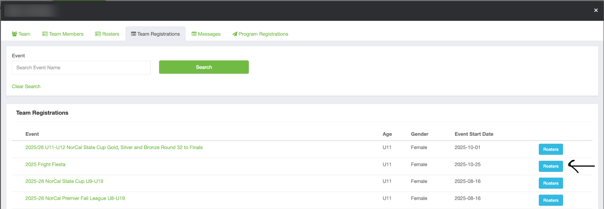 Choose Rosters beside your tournament in Team Registrations.