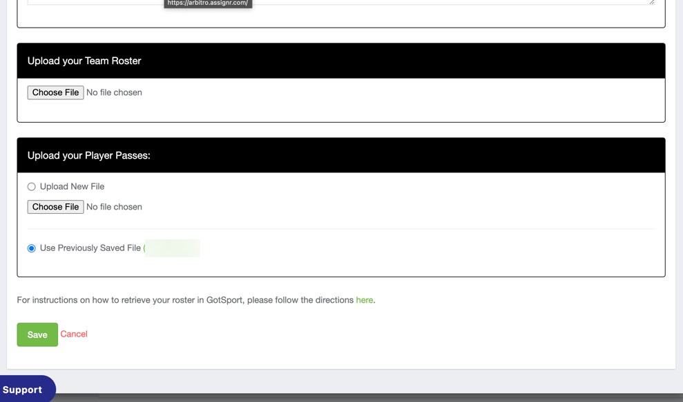 Choose the roster and player-pass files, then save the application.